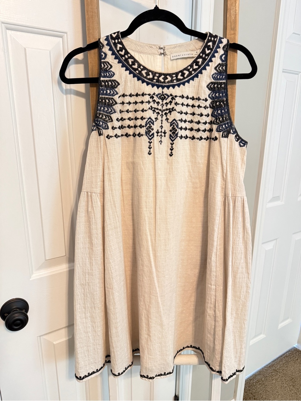 Paper Crane Embroidered Sleeveless Cream Sundress with Navy Detailing